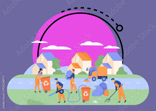 Cleaning workers picking up litter on suburban street, washing road, carrying bag with garbage to trash bin. Vector illustration for cleaner, janitor job, city service concept