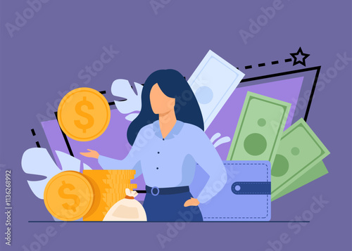 Banker offering loan. Investor or entrepreneur getting income. Woman with heap of cash, sack and wallet. Vector illustration for finance, money, financial success, profit, business concept