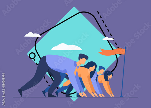 Career competition metaphor. Office professionals race. Employees ready to run, standing at start line with flag. Vector illustration for business opponents, rivalry concept