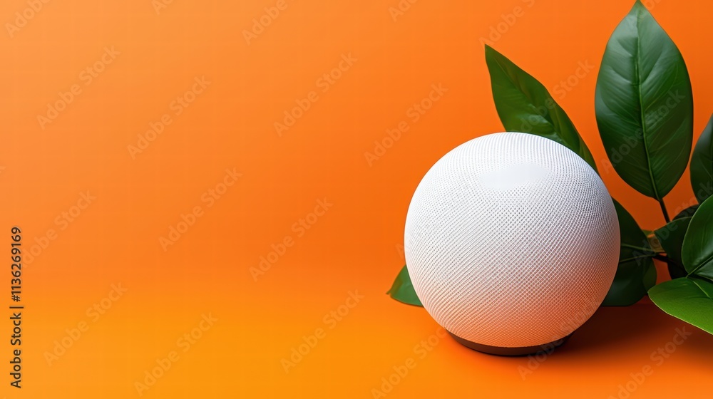 A spherical object with a textured surface rests beside green leaves against a vibrant orange background. A spherical object with a textured surface rests beside green leaves against a vibrant orange background.