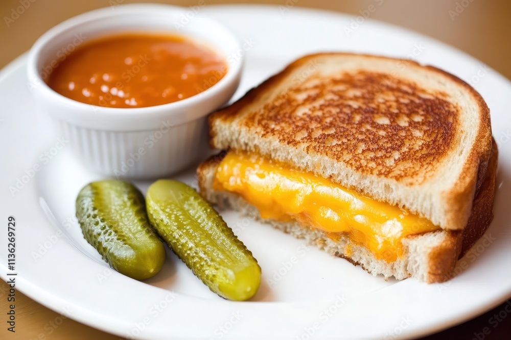 A grilled cheese sandwich with pickles and tomato soup on a plate.