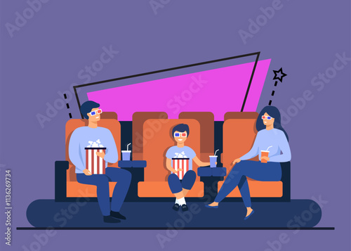 Father, mother and son in 3d glasses sitting in chairs, holding popcorn buckets and soda and watching funny movie in cinema theatre. Vector illustration for family leisure time, entertainment concept