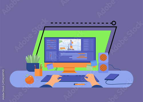 Computer and monitor of graphic animator creating video game, modeling motion, processing video file, using professional editor. Vector illustration for graphic design, art, designer workplace concept