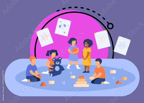 Group of diverse kids playing in kindergarten. Little children with toy pyramid, teddy bear and ball in playroom. For daycare, preschool education, learning games concept