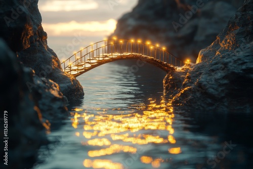 Bridge made of coins leading to a city, symbolizing the connection between capital and urban development.