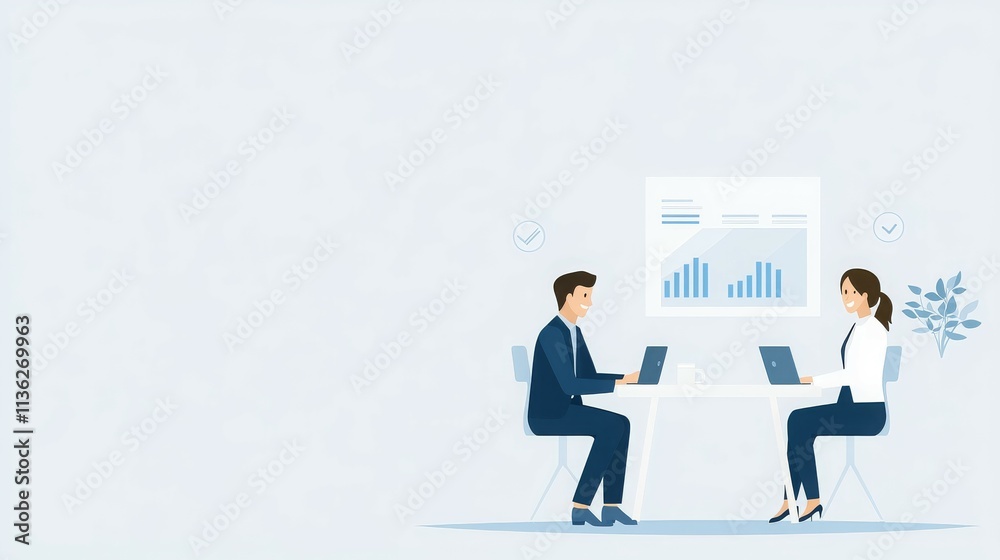 Two professionals discussing data at a table with laptops and a chart in the background. Two professionals discussing data at a table with laptops and a chart in the background.