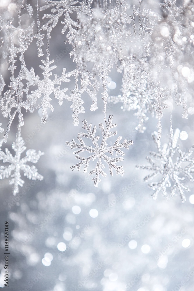 A glittering silver and white background with icicle decorations and frosty patterns. A glittering silver and white background with icicle decorations and frosty patterns.
