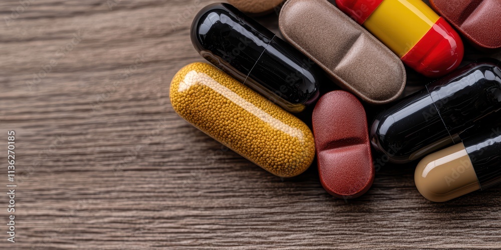 A variety of colorful capsules and pills arranged on a wooden surface, showcasing different shapes and sizes. A variety of colorful capsules and pills arranged on a wooden surface, showcasing different shapes and sizes.