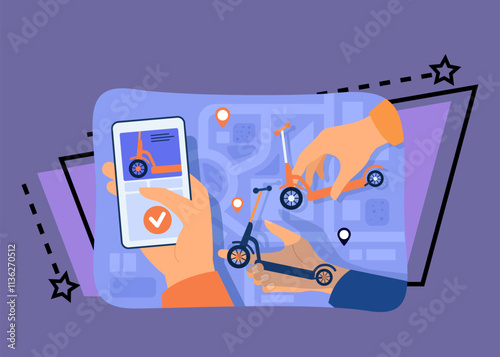 Hand of person using scooter rent or sharing app with city map on smartphone. Vector illustration for urban vehicle, city transport, communication concept