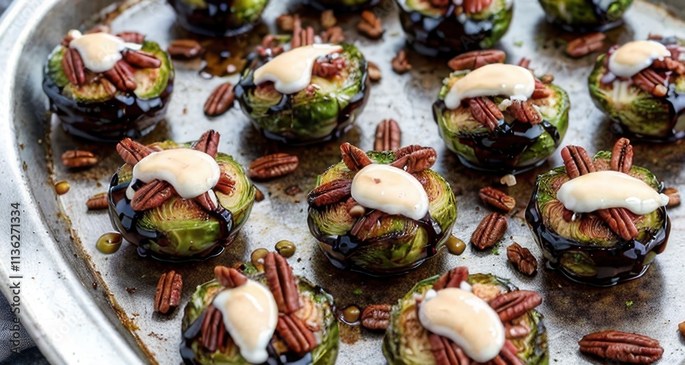 Roasted Brussels sprouts topped with pecans and sauce, showcasing a gourmet dish. Roasted Brussels sprouts topped with pecans and sauce, showcasing a gourmet dish.