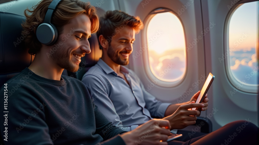 Two young men enjoy entertainment on their devices while sitting on a plane, with a sunset view outside the window. Ideal for promoting travel experiences, leisure activities, and in-flight services Two young men enjoy entertainment on their devices while sitting on a plane, with a sunset view outside the window. Ideal for promoting travel experiences, leisure activities, and in-flight services