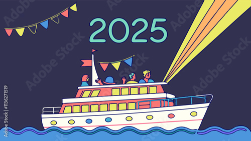A nighttime celebration on a cruise ship with "2025" laser projections over the ocean