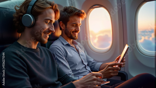 Two young men enjoy entertainment on their devices while sitting on a plane, with a sunset view outside the window. Ideal for promoting travel experiences, leisure activities, and in-flight services