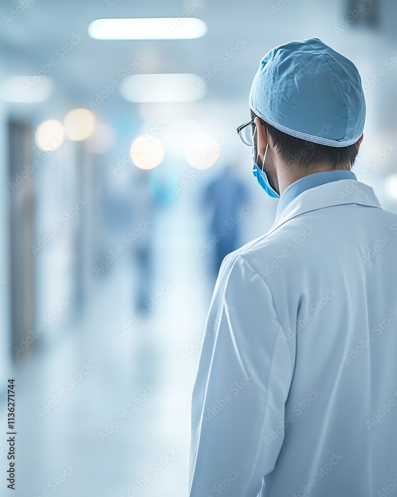 Doctor in a hospital with a blurred background, symbolizing health care services, medical attention, and patient care, professional and clean setting Doctor in a hospital with a blurred background, symbolizing health care services, medical attention, and patient care, professional and clean setting