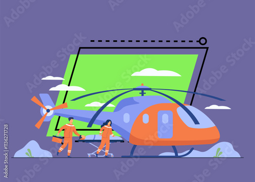 Medical workers wheeling gurney with injured person to copter for evacuation. Vector illustration for emergency, ambulance air transport, rescue helicopter concept