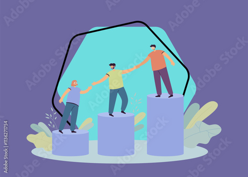 Mentor helping young employees to climb on top of growing bar chart. Team holding hands and walking upstairs together. Vector illustration for mentorship, teamwork, professional support concept