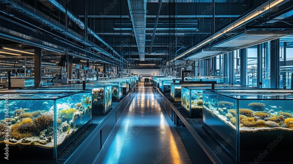 Fototapeta premium Modern Marine Biology Research Facility Featuring Multiple Aquariums Housing Diverse Coral and Marine Life for Scientific Study and Observation