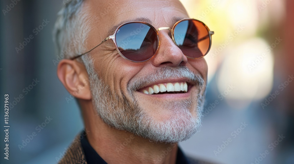 Joyful Mature Businessman in Sunglasses Smiling in an Urban Cityscape Joyful Mature Businessman in Sunglasses Smiling in an Urban Cityscape