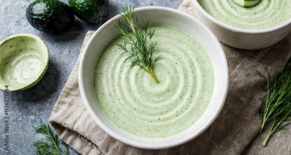 Creamy green soup garnished with herbs, served in bowls on a textured surface. Creamy green soup garnished with herbs, served in bowls on a textured surface.
