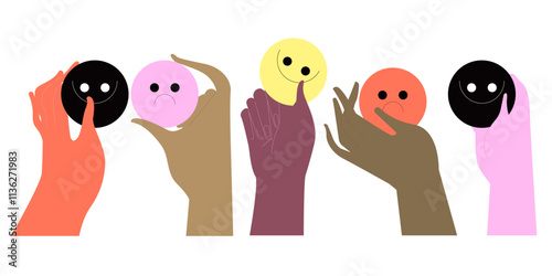 Hand holding emoji, happy and sad face expressions, showing positive and negative emotions. Satisfied and discontent feedback, mood concept. Flat vector illustration isolated on white background.