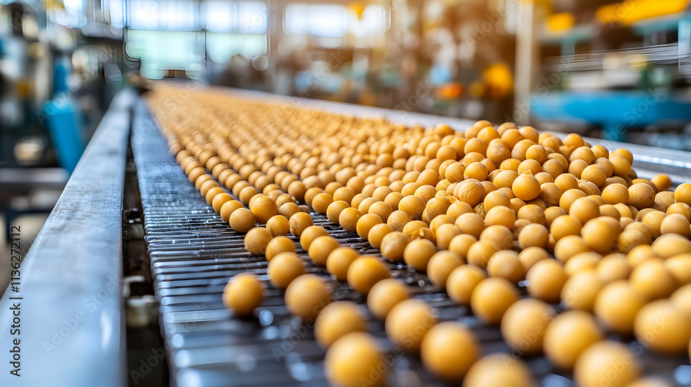 Conveyor belt carrying many small, round, tan objects in a factory. Conveyor belt carrying many small, round, tan objects in a factory.