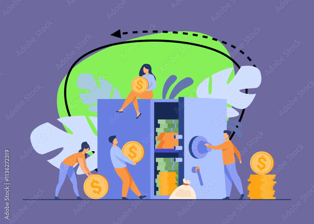 Fototapeta premium People keeping money in bank, protecting savings in safe. Vector illustration for secure finance, deposit, investment, safety concept
