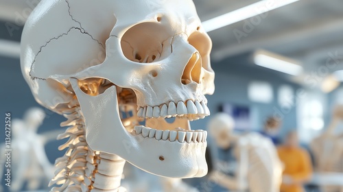 Detailed human skull anatomy model viewed closely.