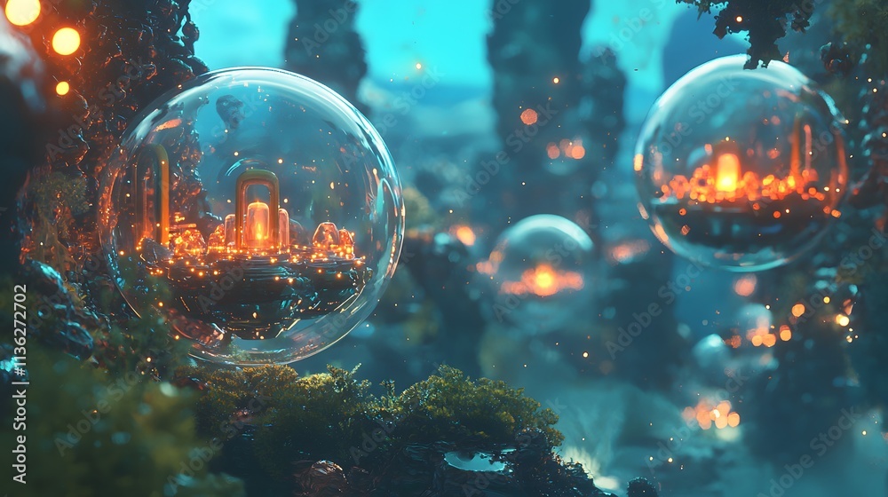 Spheres Floating in Void Containing Miniature Worlds of Light Spheres Floating in Void Containing Miniature Worlds of Light