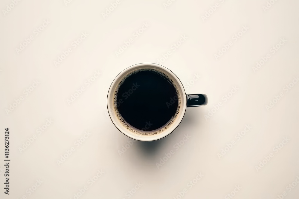 Overhead View of a Mug of Black Coffee on a White Surface Overhead View of a Mug of Black Coffee on a White Surface
