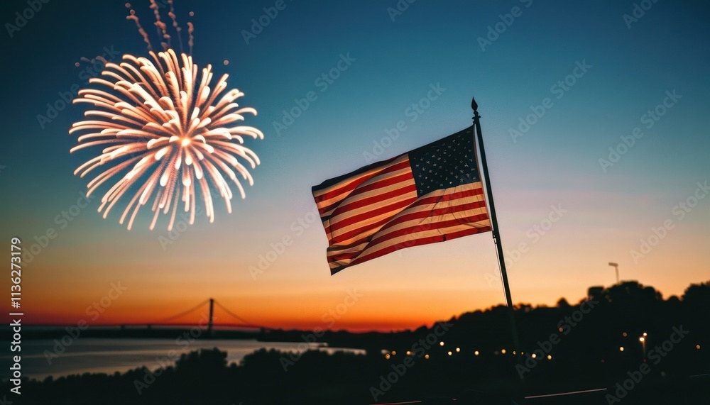 Obraz premium American flag on the sunset with firework