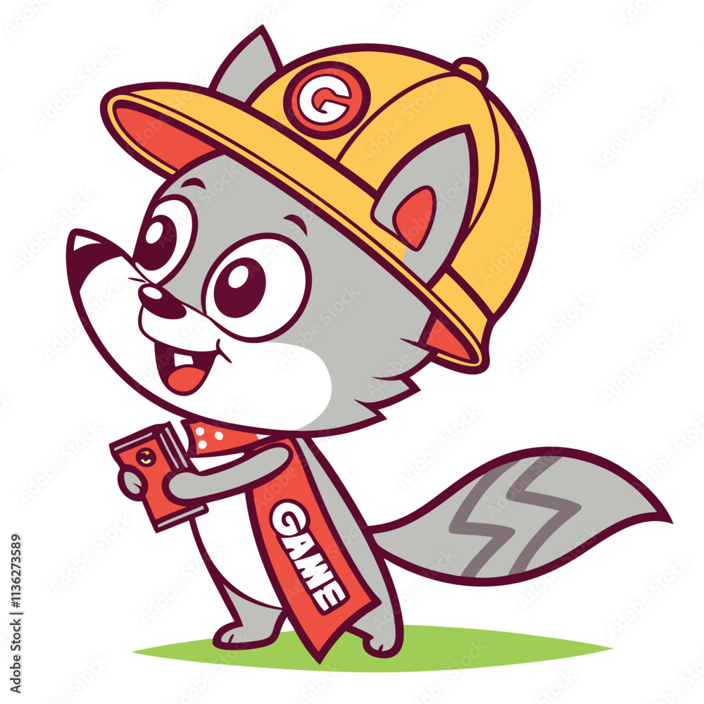 Naklejka premium Cute Raccoon Gamer Mascot, Cartoon Raccoon Character Wearing Yellow Cap and Red Cape, Gaming Raccoon Holding Handheld Console, Vector EPS Illustration