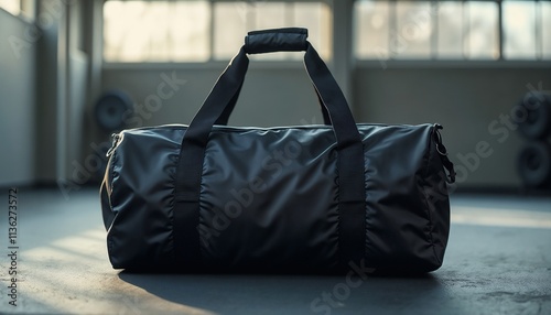 Black duffel bag with straps on gym floor in bright light, mockup