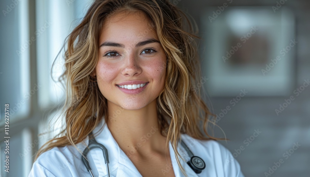 A smiling female doctor wearing a white coat A smiling female doctor wearing a white coat