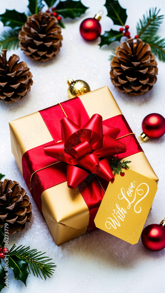 Radiant Golden Gift Wrap with Red Bow on Snow Surrounded by Pine Flowers Holly Plants and Holiday Decorative Balls Radiant Golden Gift Wrap with Red Bow on Snow Surrounded by Pine Flowers Holly Plants and Holiday Decorative Balls