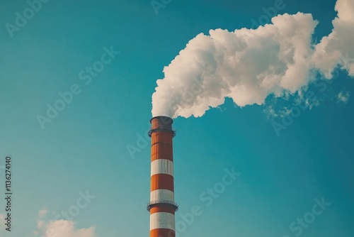 Industrial Smoke Stack Against Clear Blue Sky: Space for Text. Emissions and Fossil Fuel Power Concept.