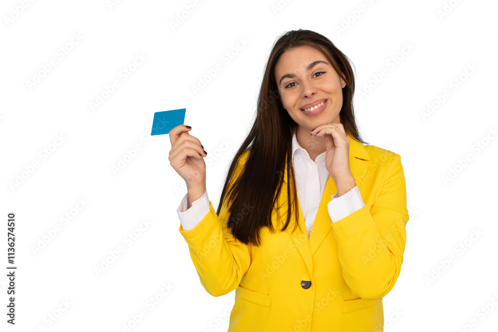 Young professional Latina woman holding up a credit card Young professional Latina woman holding up a credit card