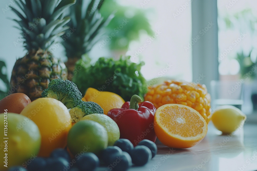 Fresh fruits and vegetables arranged beautifully on a kitchen countertop in bright sunlight Fresh fruits and vegetables arranged beautifully on a kitchen countertop in bright sunlight