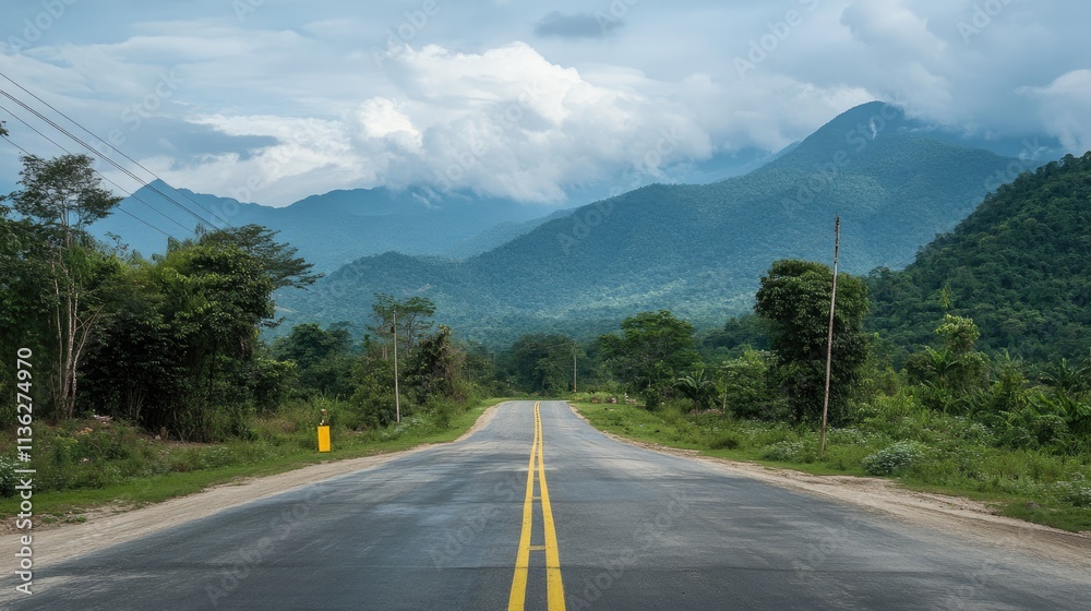 Naklejka premium Serene Vista of an Empty Road with Yellow Markings, Framed by Majestic Mountains and Gentle Clouds