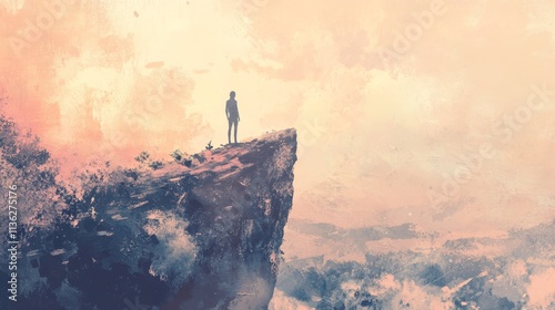 Person Standing on Cliff Edge, Scenic View, Sunset Sky, Abstract Art, Serene Landscape, Solitude Moment