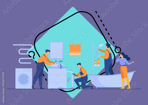 Plumber repairing pipe burst. Woman phoning for service to stop house flooding. Vector illustration for plumbing, domestic problem, help, accident concept