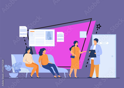 Pregnant women waiting at doctor office in clinic, sitting on couch or consulting specialist. Vector illustration for motherhood, pregnancy maintenance, prenatal care concept