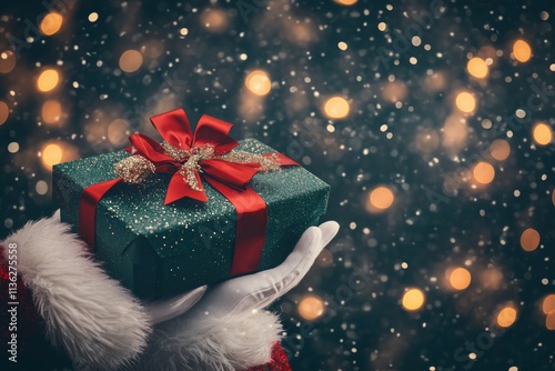 Santa Claus Holding a Beautifully Wrapped Christmas Gift photo