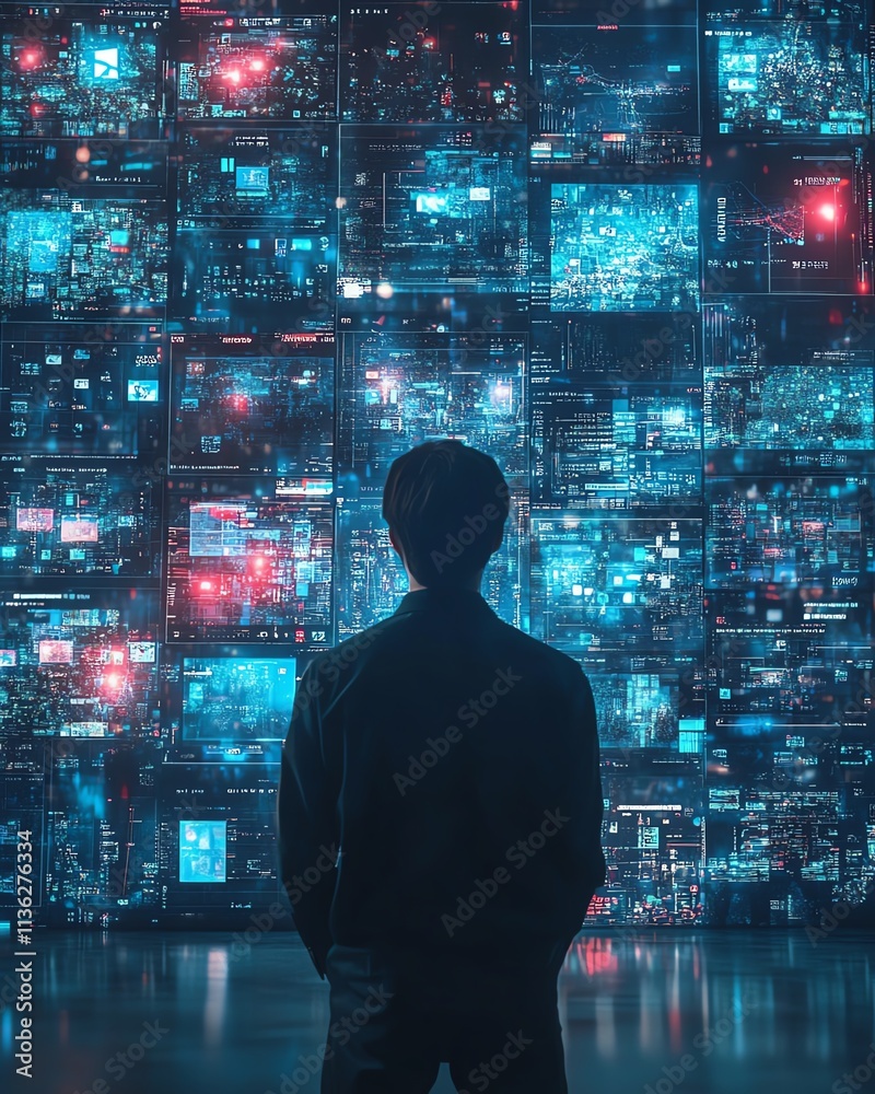3D cyberspace with a man s back view, animated interfaces displaying social networks, online games, videos, and news, surfing entertainment networks 3D cyberspace with a man s back view, animated interfaces displaying social networks, online games, videos, and news, surfing entertainment networks
