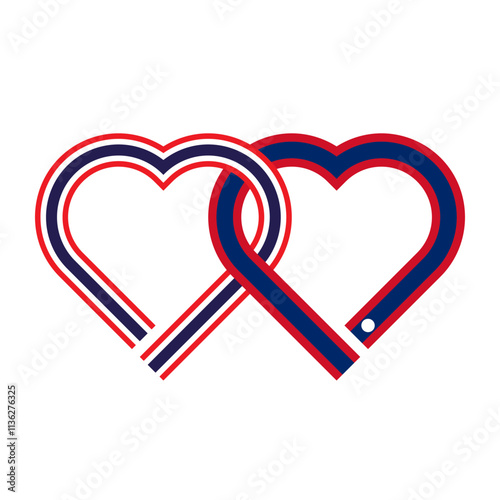 heart shaped ribbon of thailand and laos flags intertwined. vector illustration isolated on white background