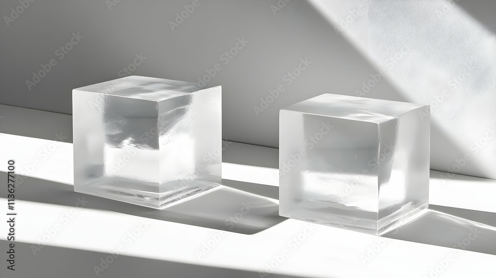 Two translucent cubes on white surface, illuminated by sunlight. Two translucent cubes on white surface, illuminated by sunlight.