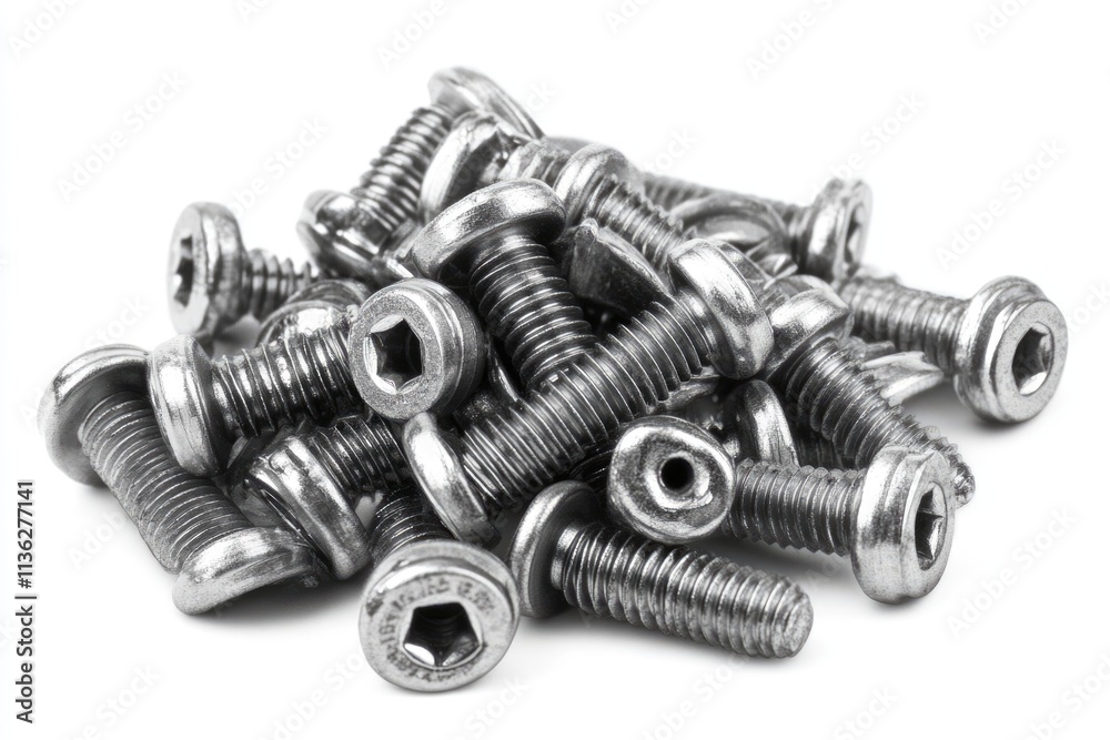 Shiny Silver Screws in a Pile on Crisp White Background Shiny Silver Screws in a Pile on Crisp White Background