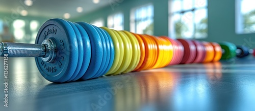 Colorful weight plates on barbell in gym. photo