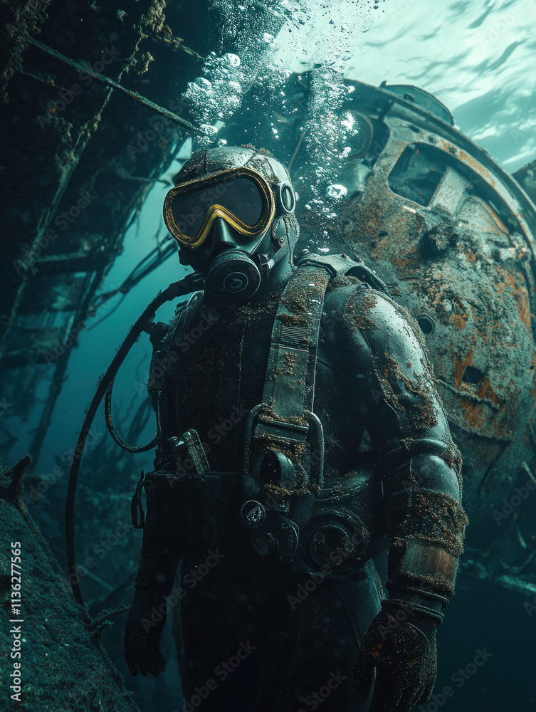 Scuba Diver standing still in the under ocean Scuba Diver standing still in the under ocean