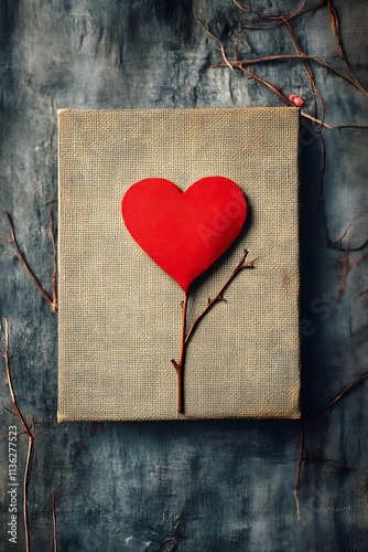 A flower made of a red heart on a rectangular gray fabric on a vintage gray and blue background with small branches around it. Valentine concept. 