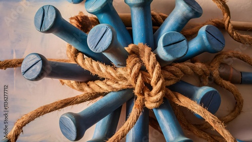 Blue Wooden Dowels Bound by Tan Rope, Nautical Theme Texture Background photo